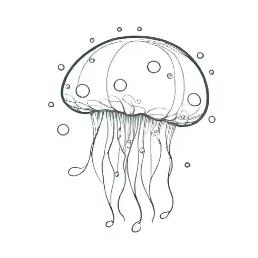 A minimalist design of a jellyfish floating in the ocean, with stippled bubbles around it tattoo design idea