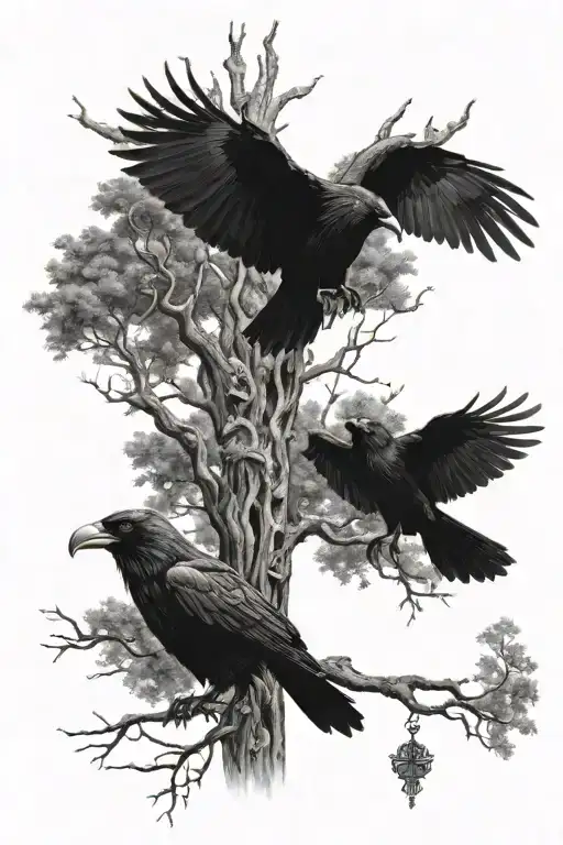 one eyed odin with 2 ravens and tree surrounded tattoo design idea