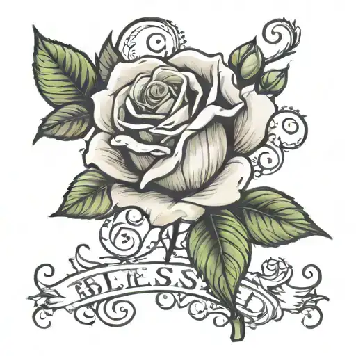 rose with stem that spells blessed written tattoo design idea