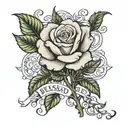 rose with stem that spells blessed written tattoo design idea