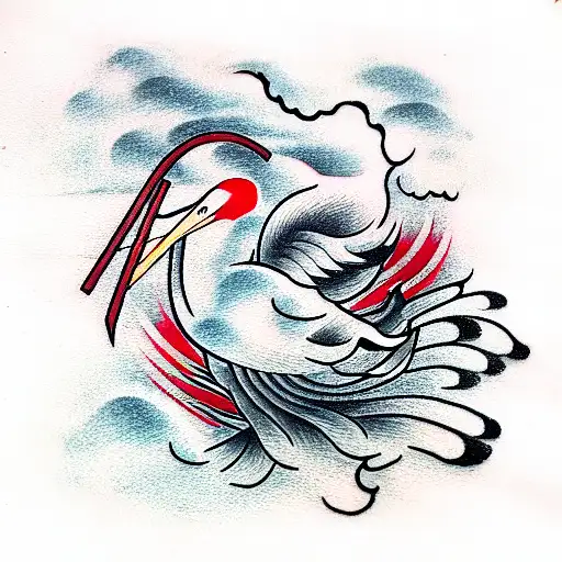 Coi fish, stork, clouds, black and red, floral, abstract  tattoo design idea