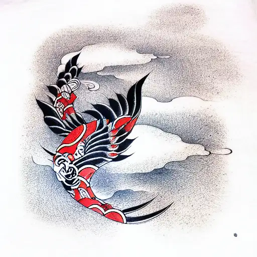 Coi fish, stork, clouds, black and red, flowy sleeve, abstract  tattoo design idea