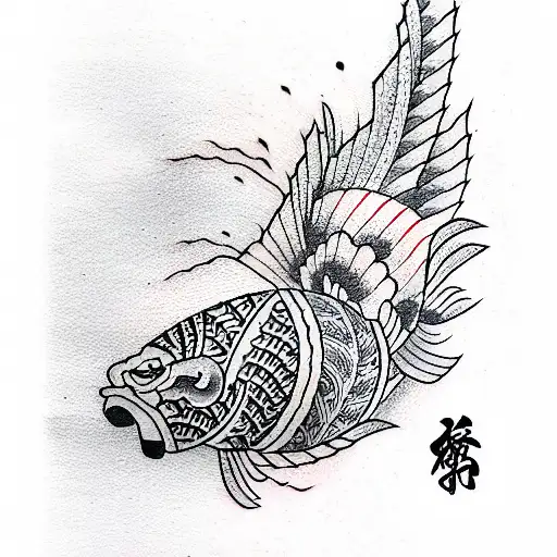 Coi fish, black and red, floral motives  tattoo design idea