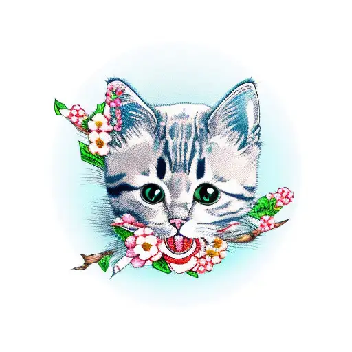 cute cat with skulls and japanese flowers  tattoo design idea