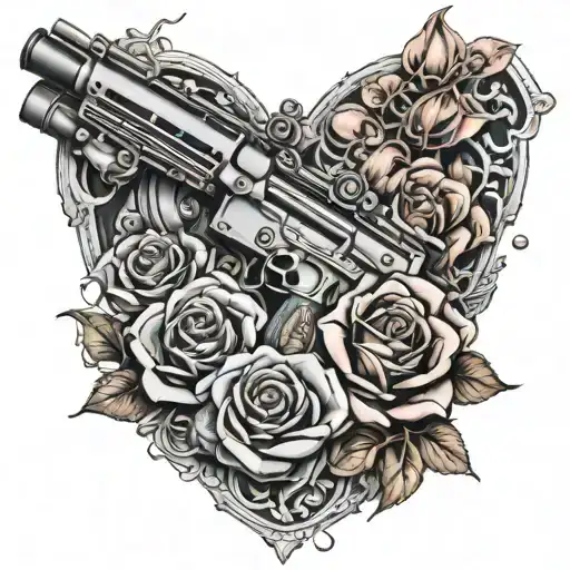 rose & heart& 47 assault rifle tattoo design idea