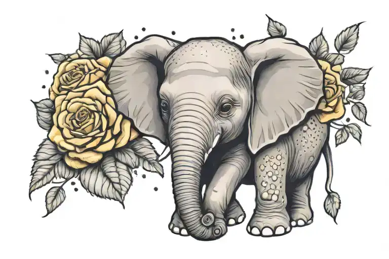 baby elephant and yellow rose made tattoo design idea