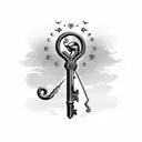 A vintage skeleton key with three tiny birds perched on top tattoo design idea