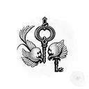 A vintage skeleton key with three tiny birds perched on top tattoo design idea