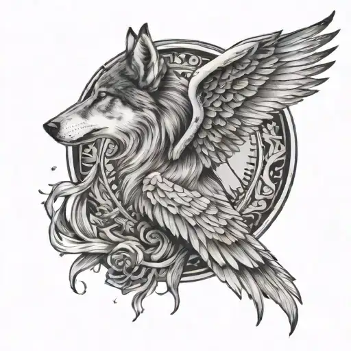 half wolf and half women with wings spread facing front tattoo design idea
