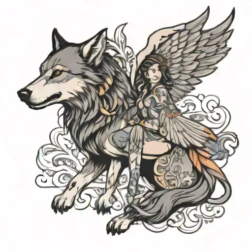 half wolf and half women with wings spread tattoo design idea