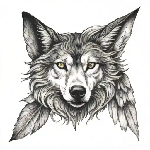 half wolf and half women face with wings spread facing front tattoo design idea