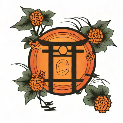 Tatto of japanese torii with red sun and letter of japanese aplhabet for life and family in a minimal style tattoo design idea