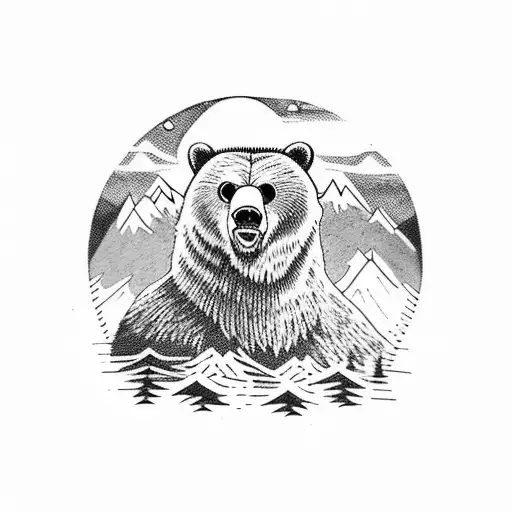 angry grizzly bear with mountains in the background  tattoo design idea
