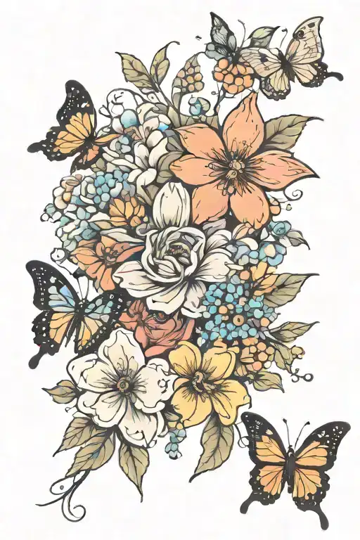 flowers, butterflies and dragonflies flying tattoo design idea