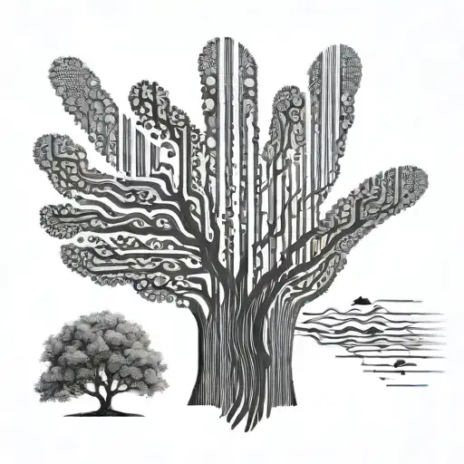 A hand transforming into a barcode tree, combining elements of dotwork and blackwork styles tattoo design idea