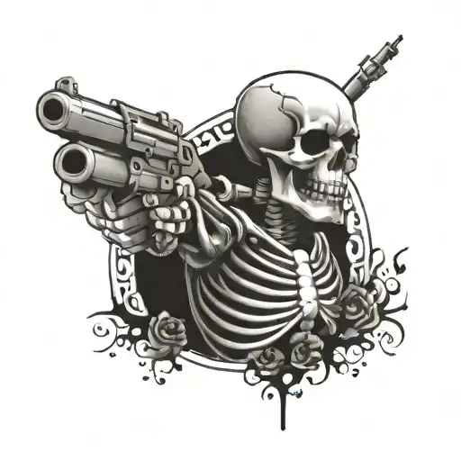 A Skeleton shooting itself in the head with a gun that has love inscribed on it tattoo design idea