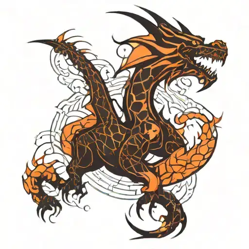 SILHOUETTE OF A DRAGON COMING OUT OF FIRE WITH GEOMETRIC FIGURES tattoo design idea