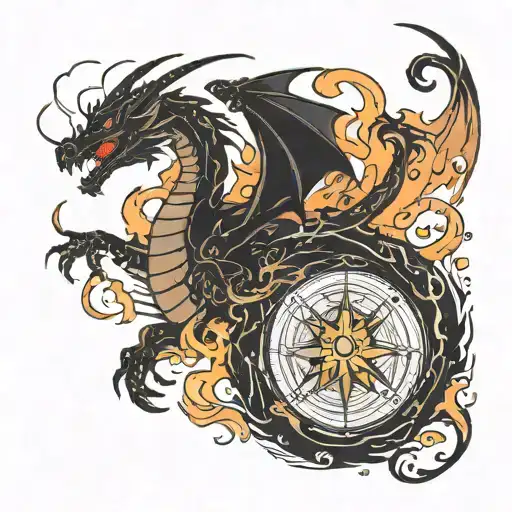 SILHOUETTE OF A DRAGON COMING OUT OF FIRE in compass style tattoo design idea
