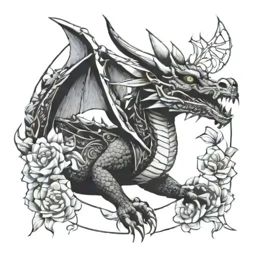 DRAGON WITH GEOMETRIC FIGURES EMERGING FROM FLOWERS AND FINE LINES tattoo design idea