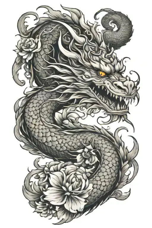a Japanese dragon wrapped around the forearm sleeve tattoo with a few flowers and smoke tattoo design idea