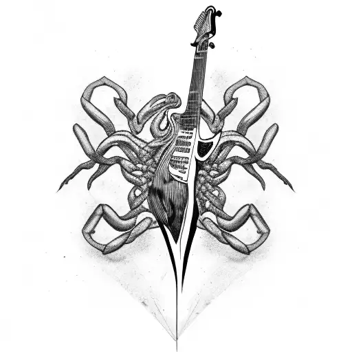 A guitar neck intertwined with a scorpion tail in black-grey style tattoo design idea