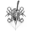 A guitar neck intertwined with a scorpion tail in black-grey style tattoo design idea