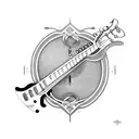 A guitar neck intertwined with a scorpion tail in black-grey style tattoo design idea