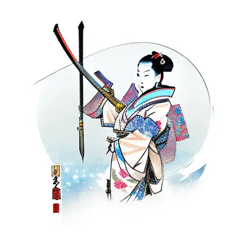 Japanese geisha with a katana in her hands in cyberpunk style tattoo design idea