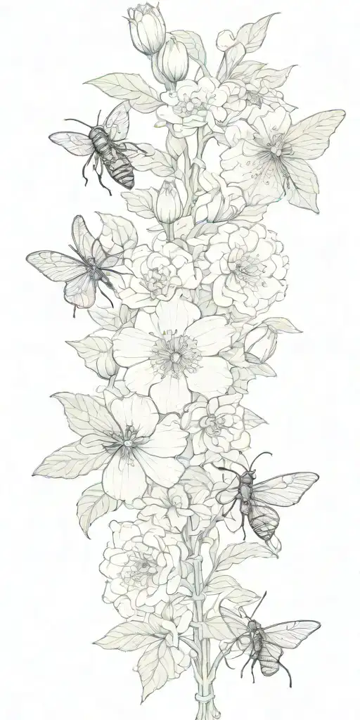 Chrysanthemum, peonies, angels trumpet, mock orange, praying mantis, butterfly, bees, beetles  tattoo design idea