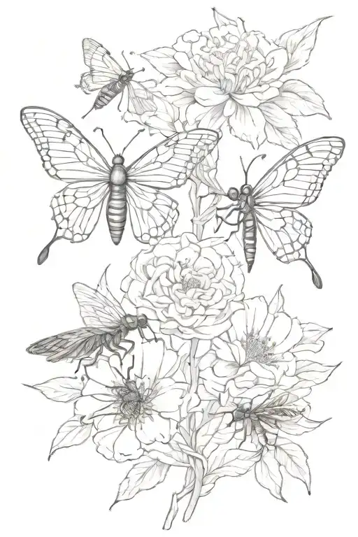 Chrysanthemum, peonies, angels trumpet, mock orange, praying mantis, butterfly, bees, beetles  tattoo design idea