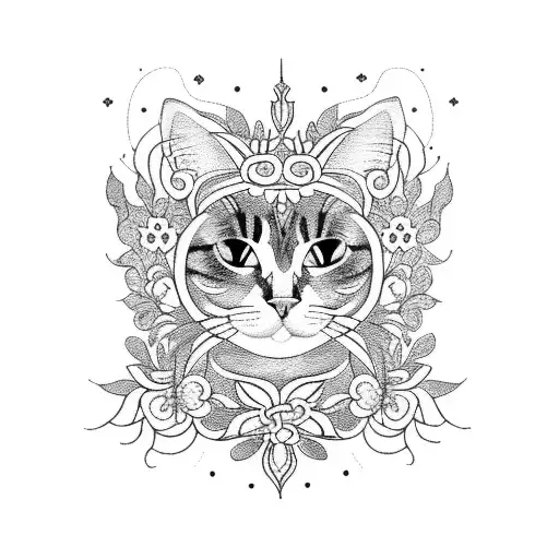 A blackwork tattoo of a cat surrounded by intricate floral patterns and illuminated by a solar crown tattoo design idea