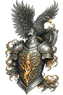 Knight's shoulder armor with a Phoenix crest on fire rising out tattoo design idea