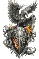 Knight's shoulder armor with a Phoenix crest on fire rising out tattoo design idea