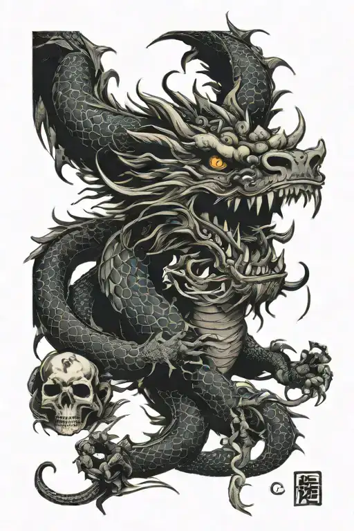 japanese dragon and skulls tattoo design idea