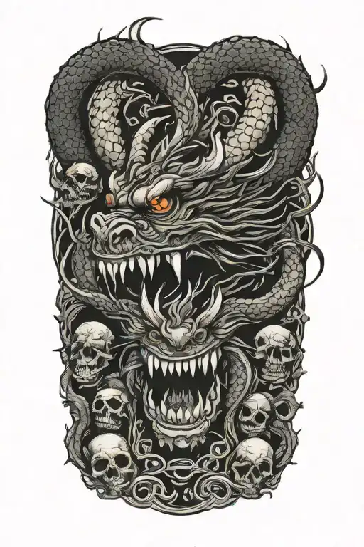 japanese dragon and skulls tattoo design idea