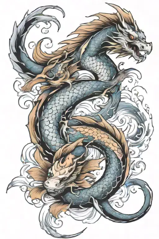 dragons koi fish waves crashing tattoo design idea