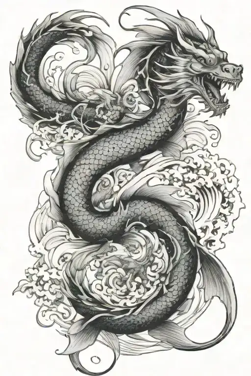 dragons koi fish waves crashing tattoo design idea