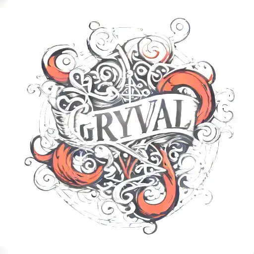 the word GRYVAL in script, with black & red ink and some white to highlight it. tattoo design idea