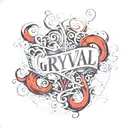 the word GRYVAL in script, with black & red ink and some white to highlight it. tattoo design idea