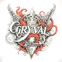 the word GRYVAL in script, with black & red ink and some white to highlight it. tattoo design idea