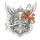 the word GRYVAL in script, with black & red ink and some white to highlight it. tattoo design idea