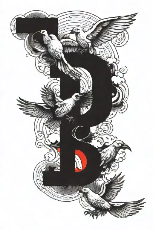 the name Paul Therman Shelton with the letter PTS bolded in red surrounded by dark clouds and a couple doves i also want tattoo design idea