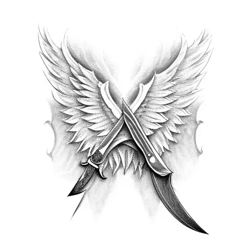Knife with left a angel wing and right a devil wing  tattoo design idea