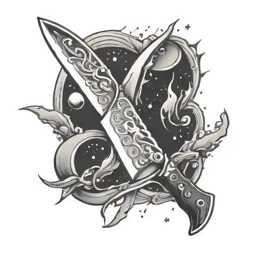 chef knife, space theme tattoo design idea