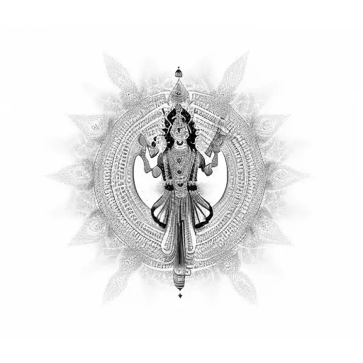 A geometric representation of Lord Krishna playing his flute surrounded by peacock feathers tattoo design idea