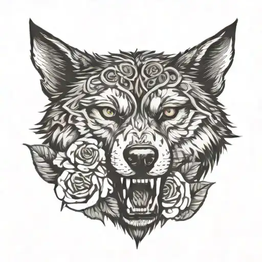 angry  wolf head with roses  around it tattoo design idea
