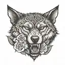 angry  wolf head with roses  around it tattoo design idea