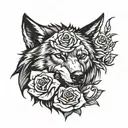 angry  wolf head with roses  around it tattoo design idea