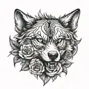 angry  wolf head with roses  around it tattoo design idea