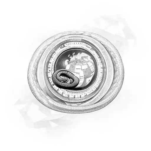 A coiled snake wrapped around a stack of money with an Earth globe in the money tattoo design idea